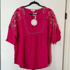 Umgee Fuchsia Blouse with Floral Embroidery
